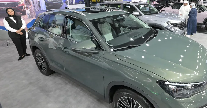 Una mujer vestida de negro y blanco junto a un auto color gris nuevo de la marca volkswagen.jpg