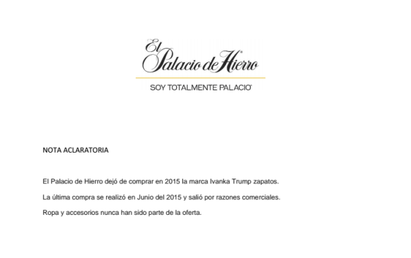 Nota aclaratoria de Palacio de Hierro