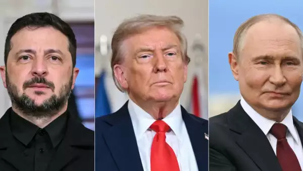 (COMBO) Esta combinación de imágenes creadas el 18 de agosto de 2025 muestra al presidente estadounidense Donald Trump y al presidente ucraniano Volodymyr Zelensky en Washington, DC, el 18 de agosto de 2025 y el presidente ruso Vladimir Putin en Anchorage, Alaska, el 15 de agosto de 2025. El presidente de los Estados Unidos, Donald Trump, dijo el 18 de agosto que había comenzado a organizar una reunión de paz bidireccional entre el ucraniano Volodymyr Zelensky y el ruso Vladimir Putin, que será seguida de conversaciones a tres bandas que se involucren a sí mismo.