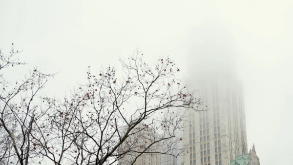un edificio cubierto de niebla en el bajo manhattan