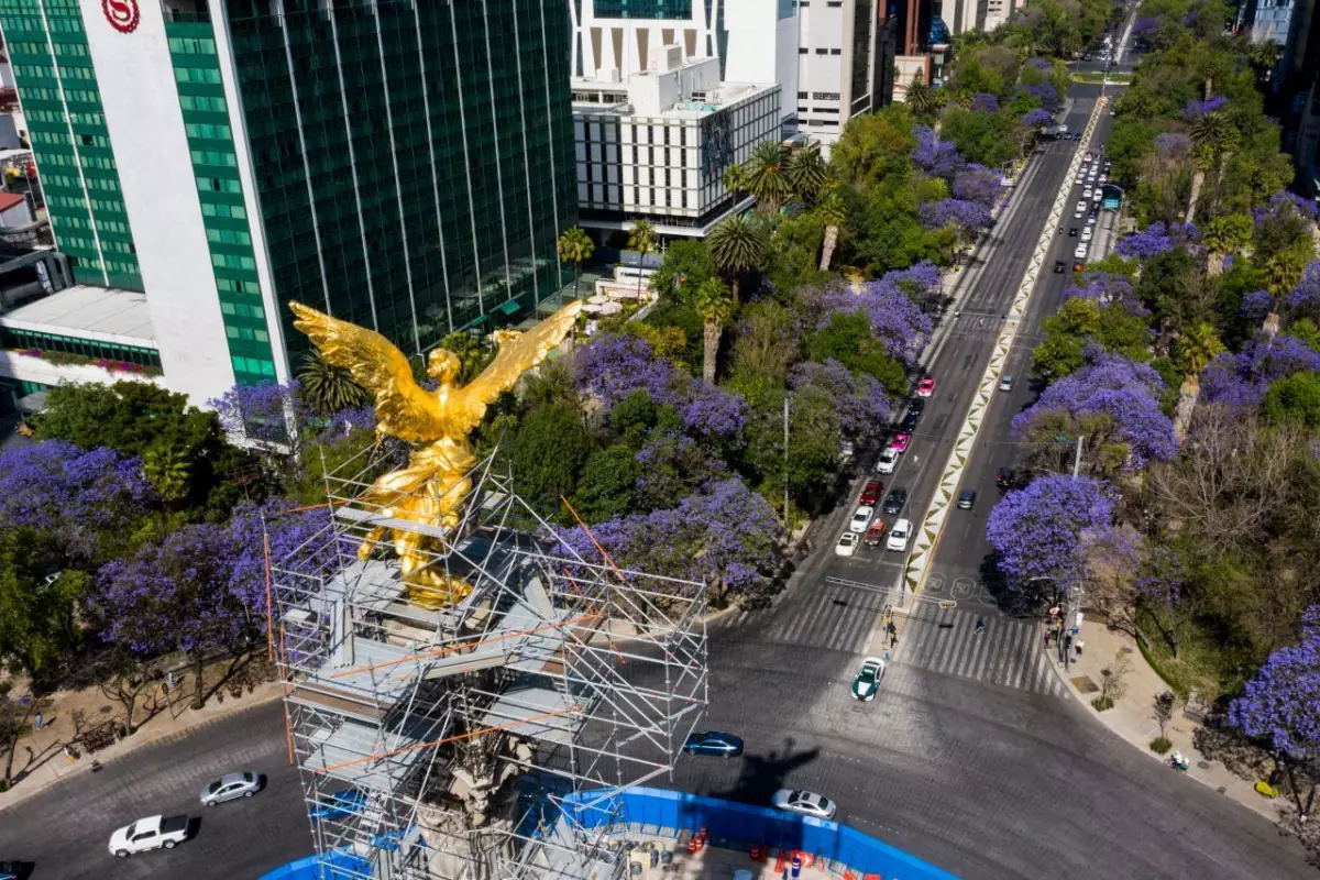Tomas aéreas del Ángel de la Independencia donde se observa el florecer de las jacarandas durante una calurosa tarde.