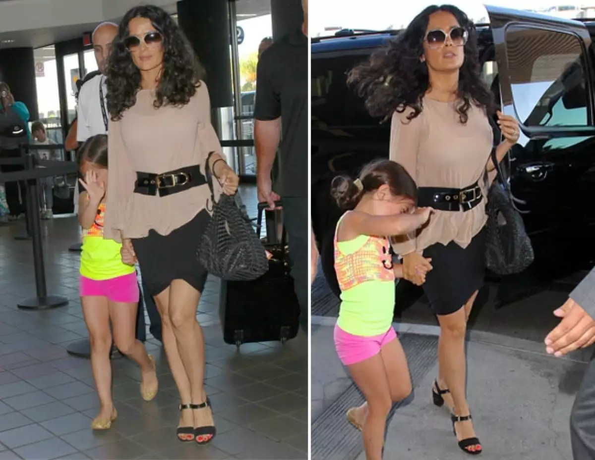 Salma y Valentina llegando al aeropuerto de Los Ángeles.