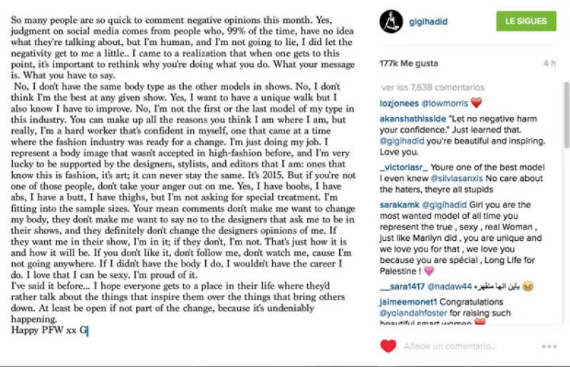 Gigi Hadid ya ha caminado por las pasarelas más importantes y posado para los fotógrafos más destacados, pero ha estado recibiendo comentarios negativos últimamente y decidió defenderse.