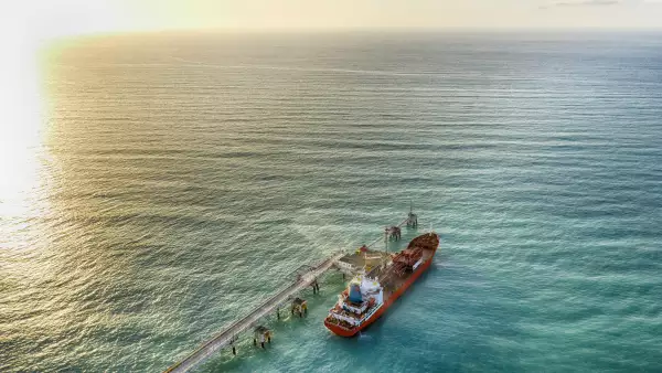 Aerial view of chemical tanker waiting for loading