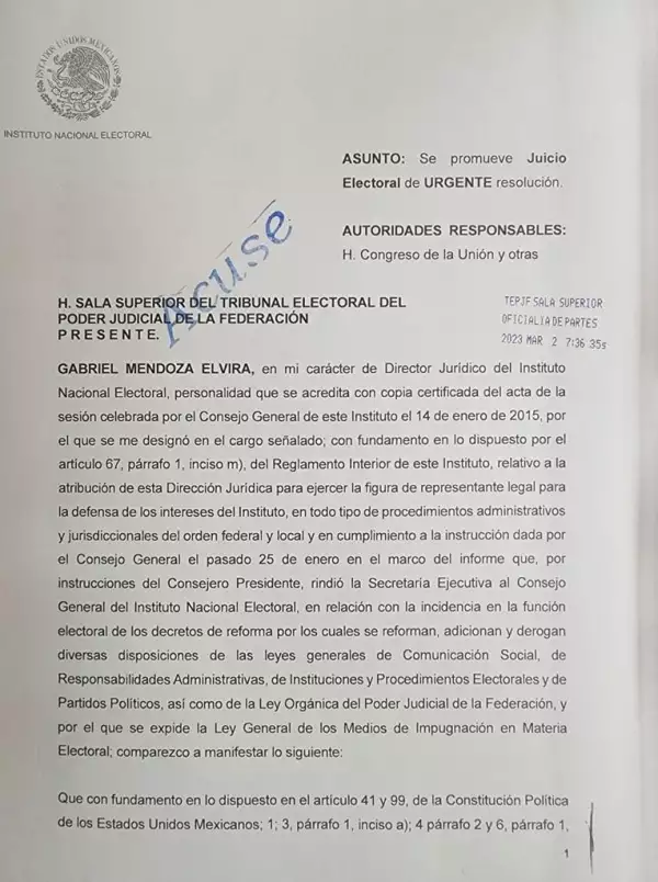 El INE presentó el recurso para juicio electoral a las 7:36 horas de este jueves 2 de marzo. 