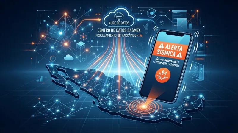 Imagen de un teléfono con la alerta sísmica en primer plano y, detrás, datos provenientes de múltiples puntos de un mapa de México.