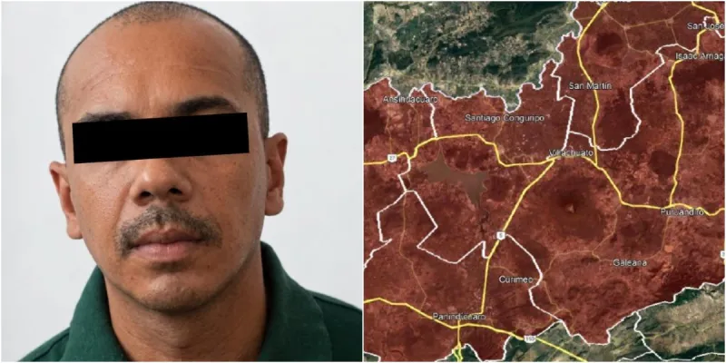 Fotografía de Manuel Alejandro “N”, “El señor de la T”. A lado un mapa de los municipios donde operaba.