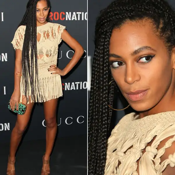 Gucci Pre Grammy Brunch, 2011: Con unas trenzas muy largas, la cantante llegó con una blusa larga de crochet y shorts y top beige. Llevó un maquillaje muy natural.