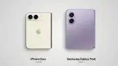 Del lado izquierdo aparece el nuevo iPhone Duo, que es el primer teléfono plegable de Apple, es de color blanco y tiene una apariencia más cuadrada; del lado izquierdo, un Samsung Galaxy Z Fold. 