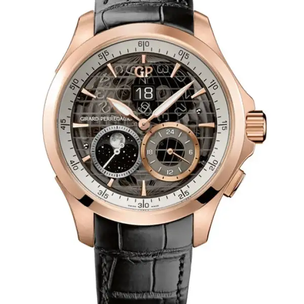 El reloj Traveller Large Date, Moon Phases & GMT de oro rosa de Girard-Perregaux es de las mejores inversiones que harás. Está pensada en hombres que viajan ya se sincroniza al horario del lugar.