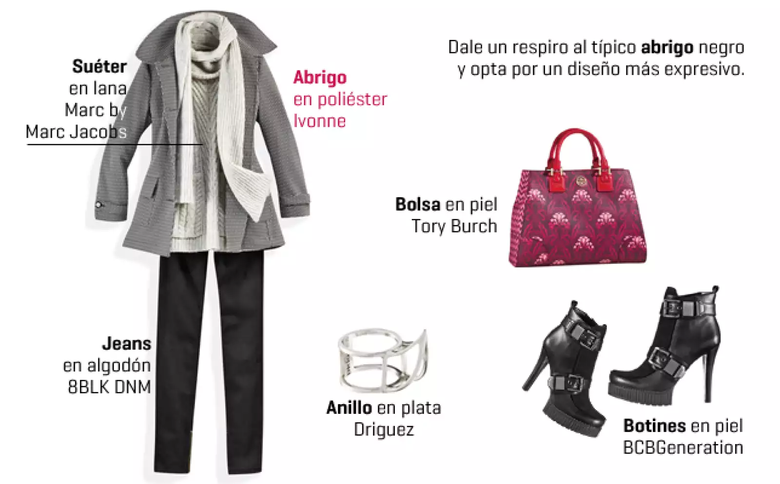 Combínalo con prendas sobrias, como un suéter gris y unos skinny jeans negros. Dale un toque de color en la bolsa y unos botines estilo rockero.