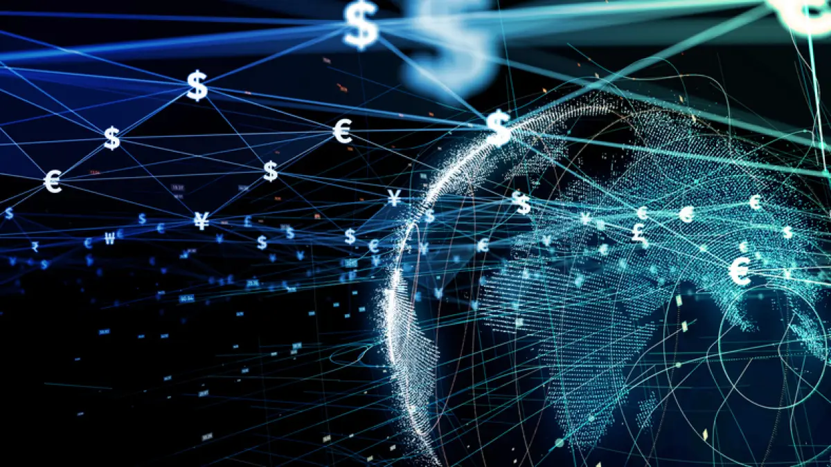 mundo conectado con redes y símbolos de dinero