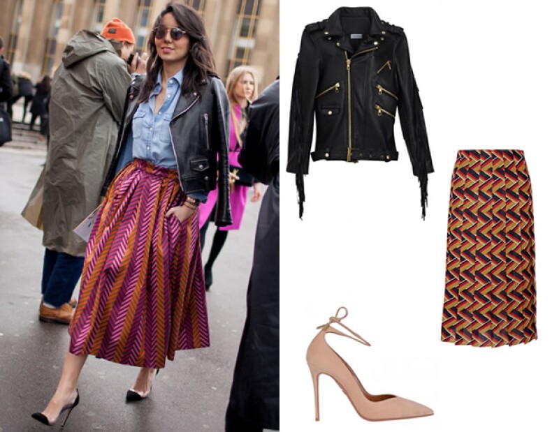 Busca estampados alternativos como el chevron. (Crédito: Chamarra de Alexia Ulibarri, Falda Gucci y Zapatos Allure de Aquazzura en Gran Vía).