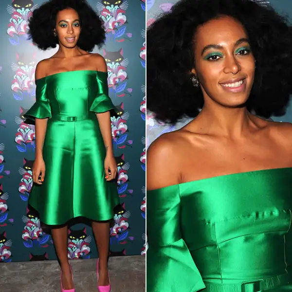Miu Miu Womens Tales `Spark and Light´ Screening, 2014: Solange llevó un vestido off the shoulder de Carven, colección Resort 2014 con unos pumps rosas de Rupert Sanderson. Volvió a llevar sombras verdes intensas y su clásico afro.