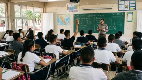 Maestro imparte clases en un salón de secundaria en México.
