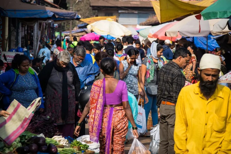 North Goa, India - January 13, 2017: Crowds of people in the Mapusa market.