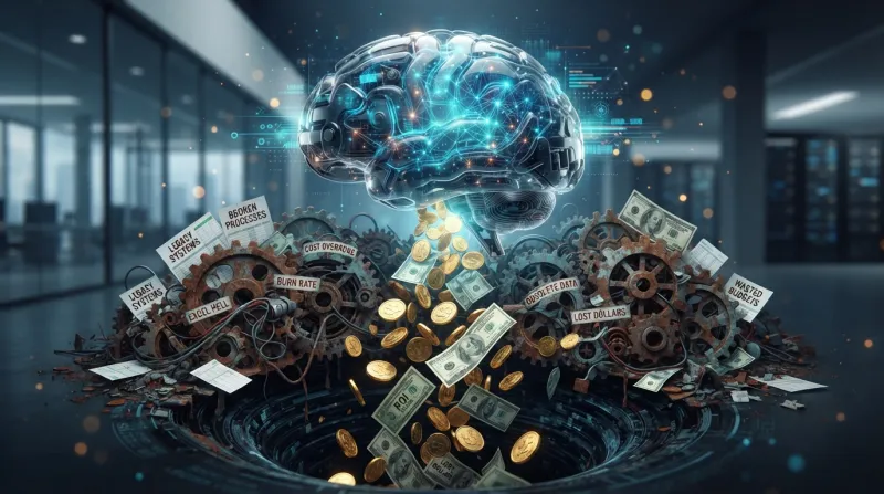 Imagen de un cerebro compuesto por cables y chips en representación de una IA desplifarrando el dinero a través de procesos operativos de una empresa.