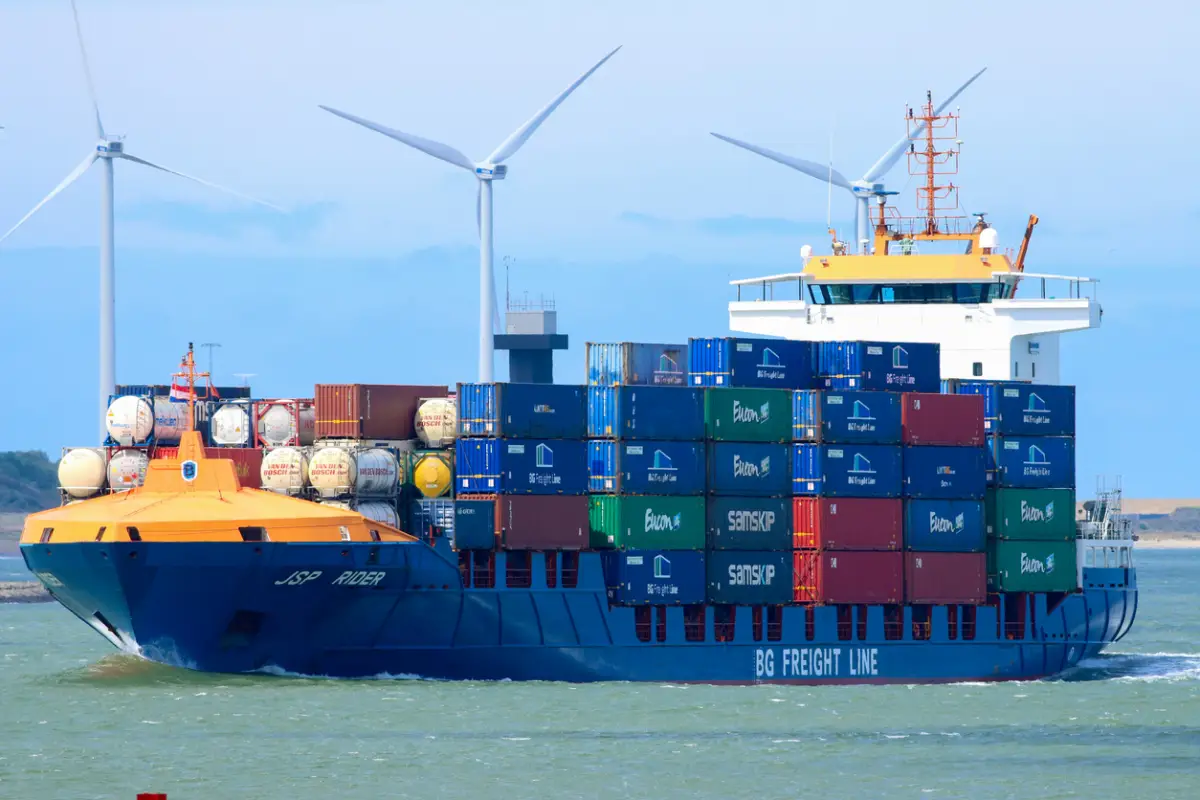 Container freight arriving at Rotterdam harbour in the Netherlands