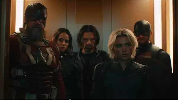 Foto de una escena de la película Thunderbolts* que se estrenará en 2024 con todos los personajes principales dentro de un elevador.