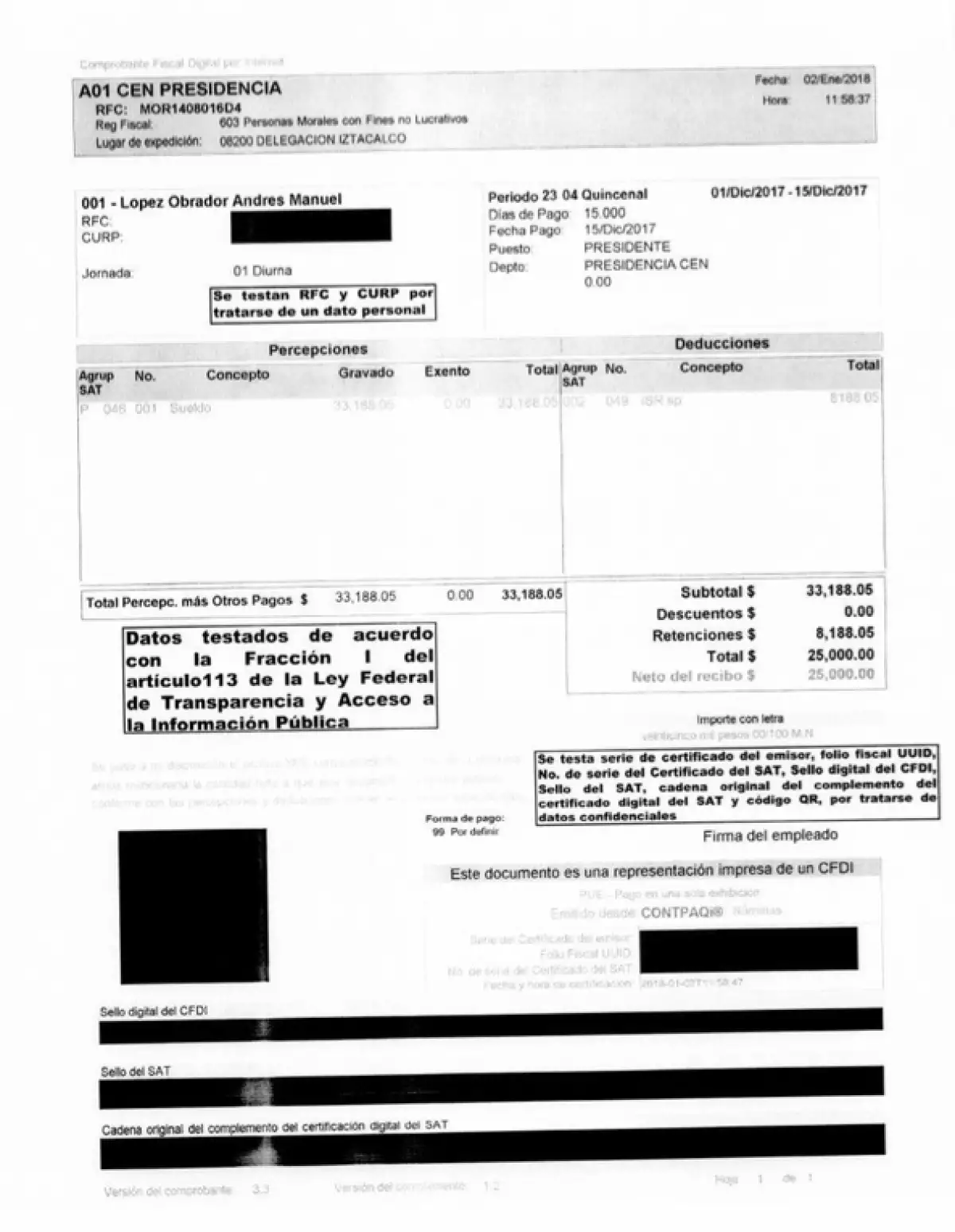 Es el último recibo de pago que Andrés Manuel López Obrador recibió como presidente nacional de Morena. Revisa sus talones de pago en Morena.