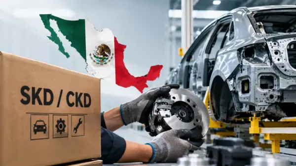 Del lado izquierdo de la imagen hay una caja de cartón son las frases SkD y CKD, que son los esquemas para ensamblar autos. Del lado derecho hay la parte de un auto en ensamblaje y en medio las manos de una persona que sostiene una pieza de un carro.