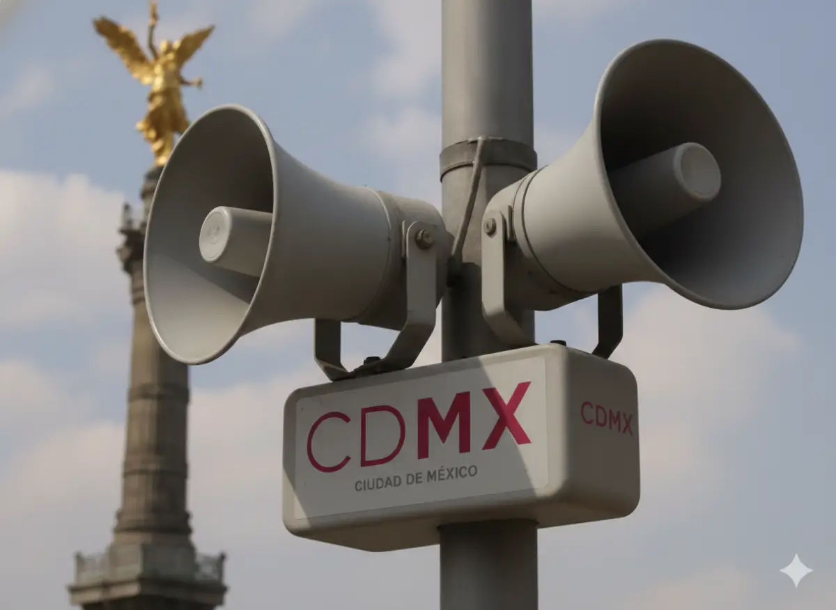 Altavoces de la alerta sísmica en un poste, abajo tienen el logo de la CDMX y de fondo se ve el Ángel de la Independencia. 