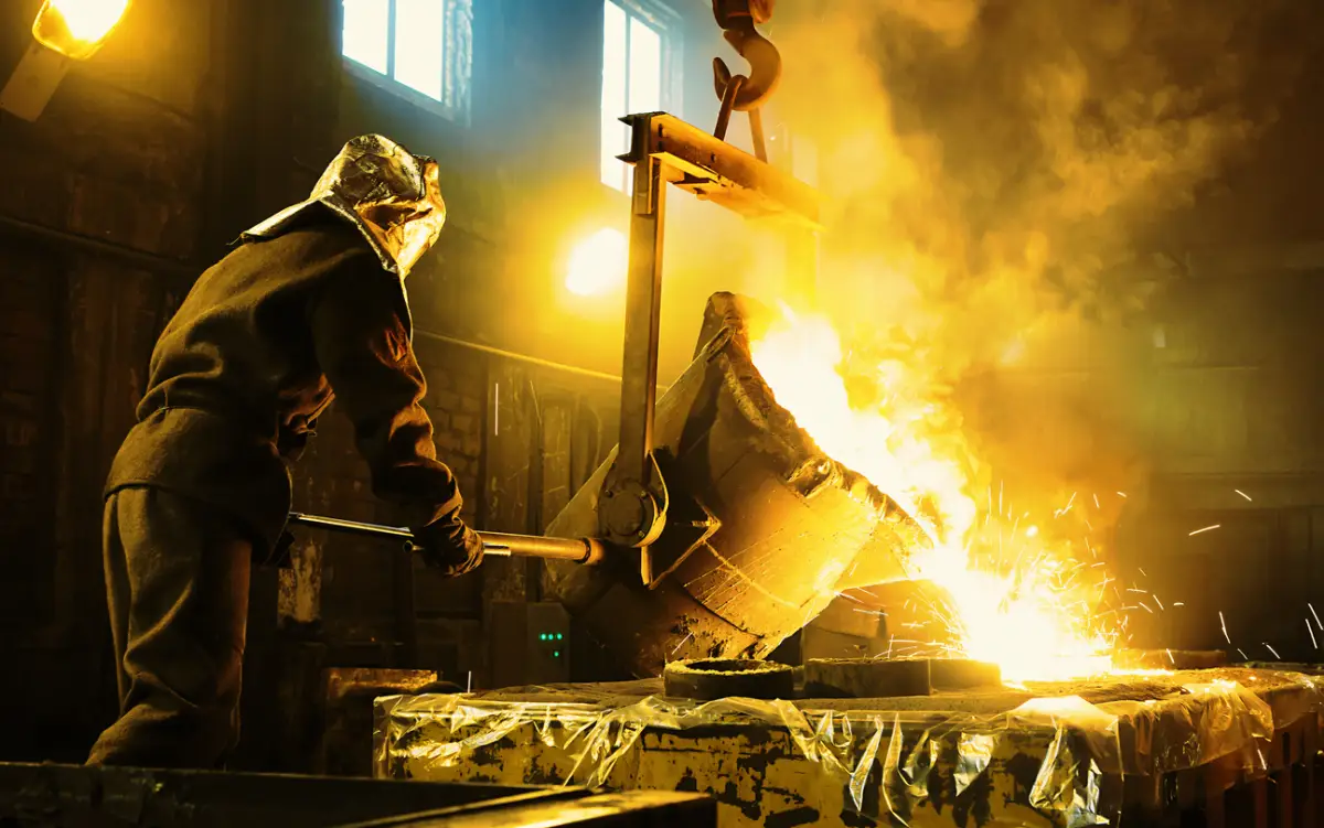 Trabajador en una planta metalúrgica en zona de hornos de fusión de metales.