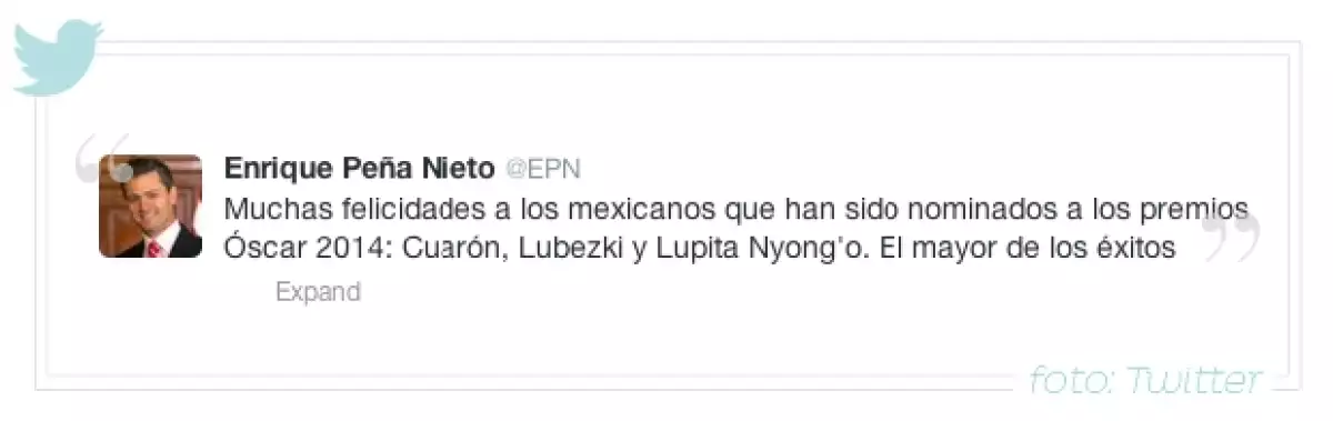 El presidente de México utilizó Twitter para desearles suerte a Alfonso Cuarón, Emmanuel Lubezki y Lupita Nyong´o, quienes figuran en diferentes categorías en los Premios de la Academia.