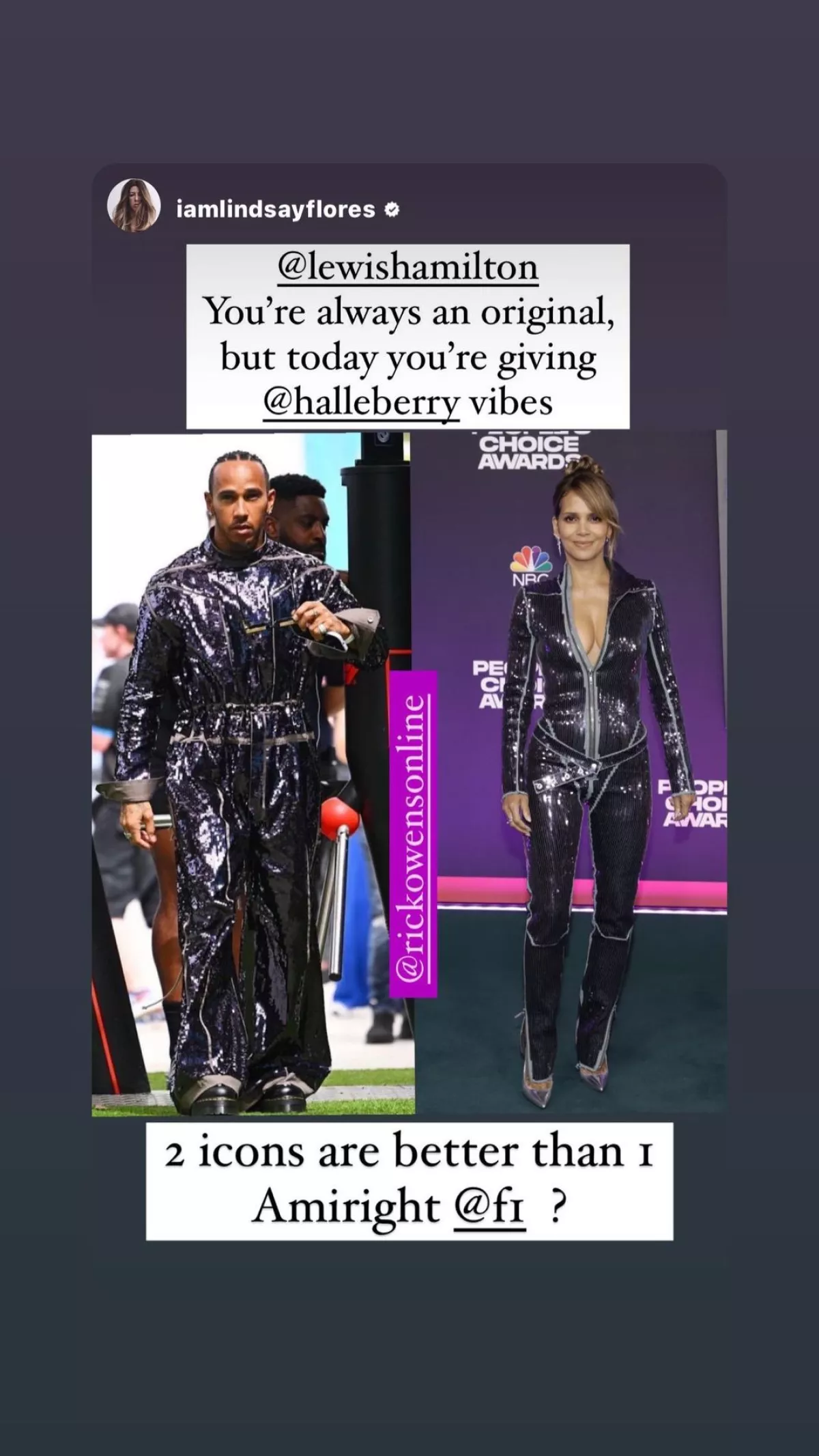 Halle Berry y Lewis Hamilton con el mismo jumpsuit de lentejuelas.