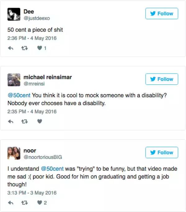 50 Cent un pedazo de mier... 50cent tú piensas que es cool burlarse de alguien con una enfermedad Nadie elige estar enfermo. Entiendo que 50cent haya tratado ser gracioso, pero ese video me puso triste, pobre niño. Bien por él que se gradúe y consiga un trabajo.