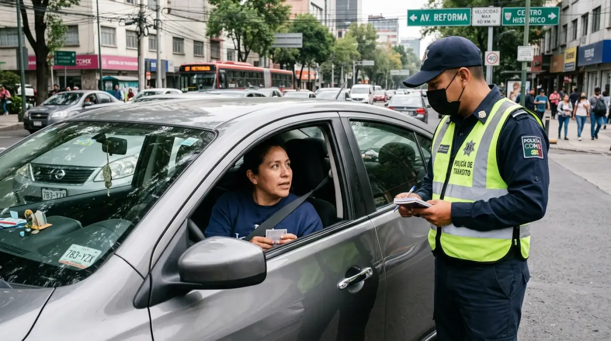 Policía de tránsito de la Ciudad de México conversa con un automovilista durante una revisión en una calle de la capital.