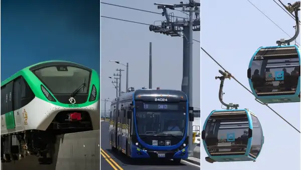 Un tren del monorriel de Monterrey a la izquierda; un Trolebús hacia Chalco en medio y dos cabinas del Cablebús de Ciudad de México a la derecha.