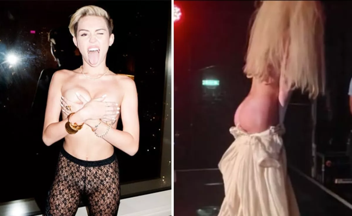 Izquierda: Recientemente Miley Cyrus posó con muy poca ropa para Terry Richardson. Derecha: Lady Gaga se desnudó el pasado fin de semana en un concierto.