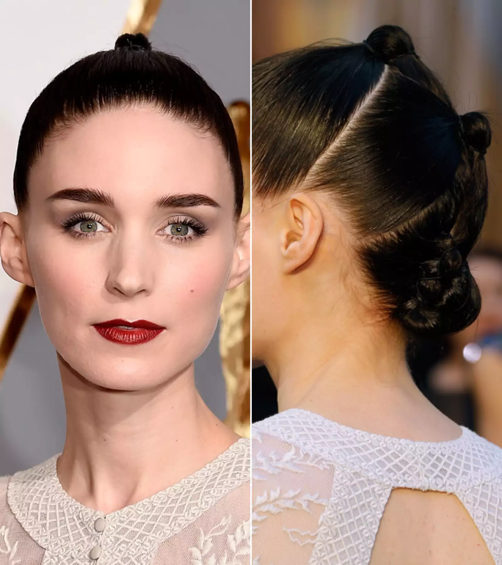 El color oscuro de pelo de Rooney Mara, combinado con su pálida piel, hicieron que su beauty look fuera espectacular. Los labios rojos en tono Bordeaux resaltaron su look, y el pelo fue nuestra fascinación.