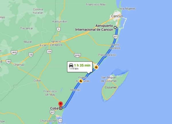 Distancia entre el nuevo aeropuerto de Tulum y el de Cancún