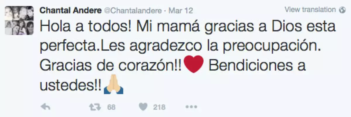 Chantal aseguró en Twitter que su mamá se encuentra en perfecto estado de salud.