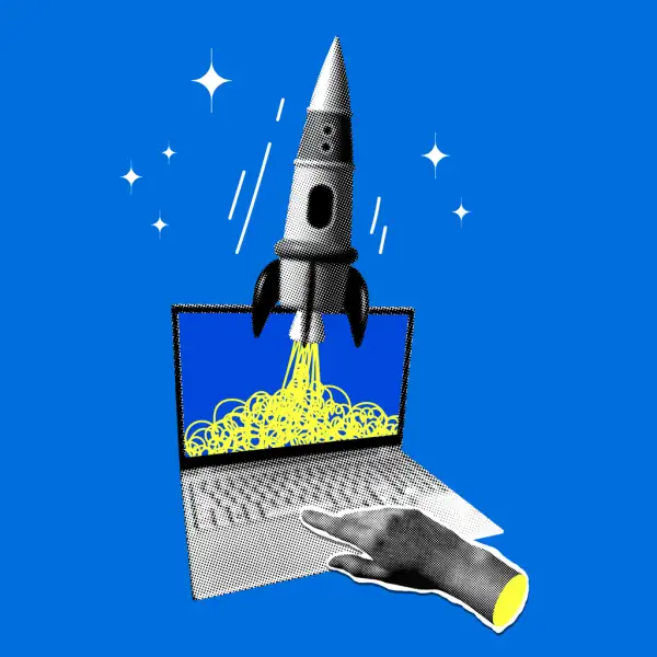 Halftone hand presses start button on laptop. Rocket flies out of the laptop screen.