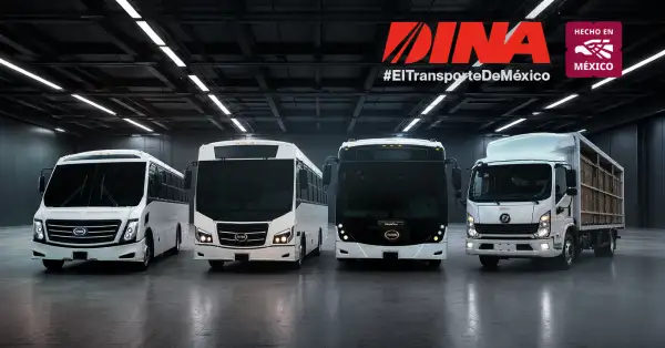 Camiones, autobuses y carros de DINA, en una bodega, con un logo de Hecho en México y de la compañía en la esquina superior derecha.