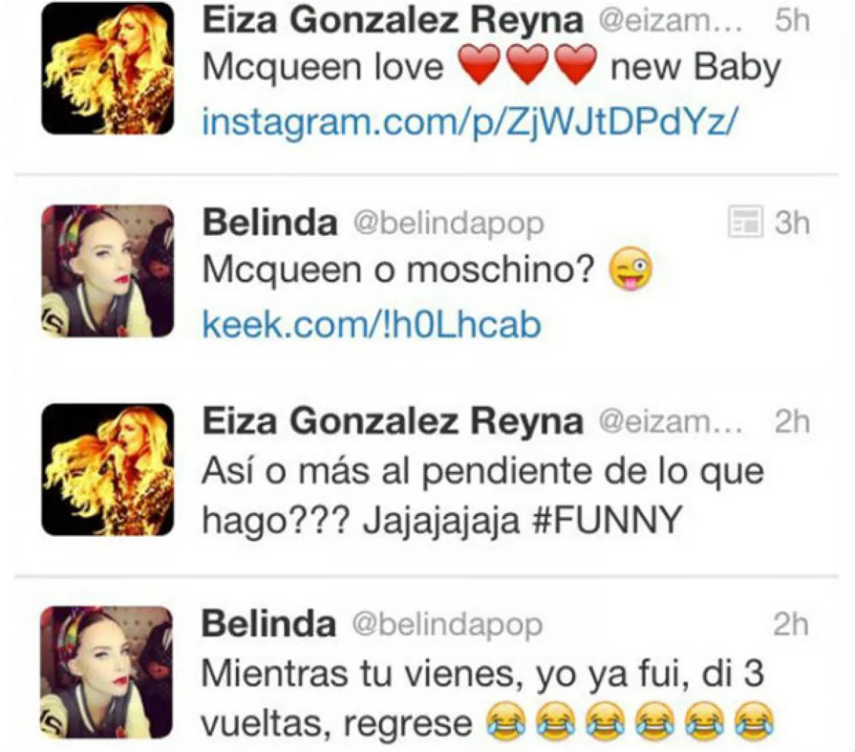 Todo comenzó porque Belinda comentó un tuit de Eiza.