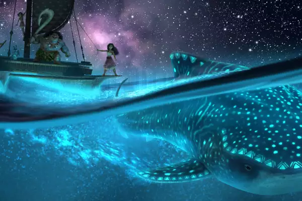 imagen de Moana 2 con la princesa sobre un barco y debajo, en el mar, un tiburón ballena.