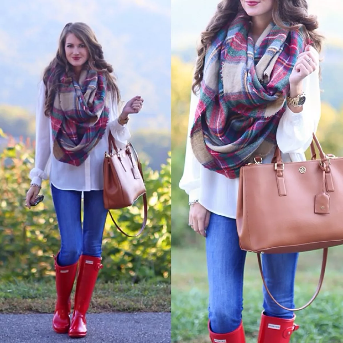 Caitlin de Southern Curls and Pearls con unas rainboots Hunter rojas.