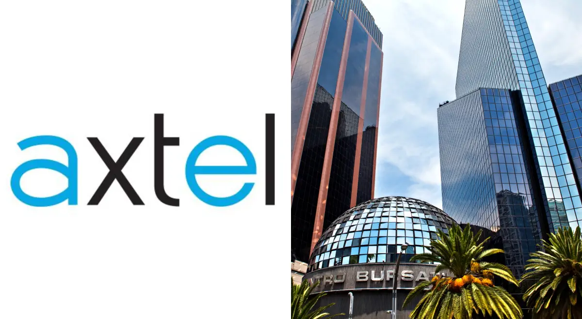 Logo de la empresa Axtel y el edificio de la Bolsa Mexicana de Valores.