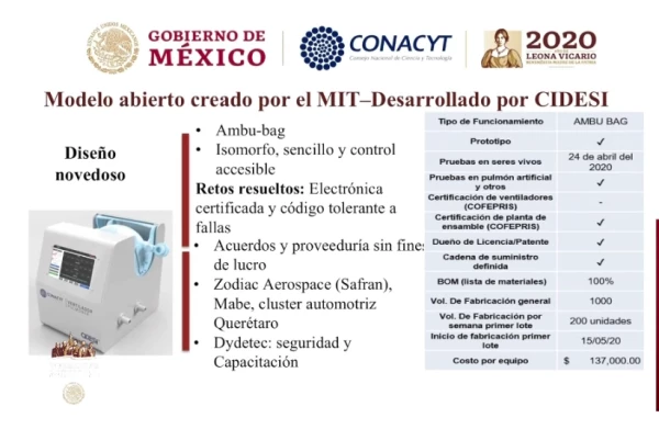 El modelo desarrollado a partir del diseño del MIT tiene un costo de 137,000 pesos, según la información del Conacyt.