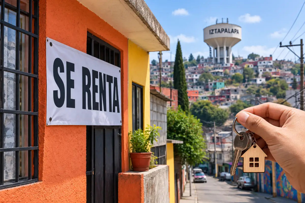 Una casa de iztapalapa con un anuncio de se renta y una mano sosteniendo las llaves. 