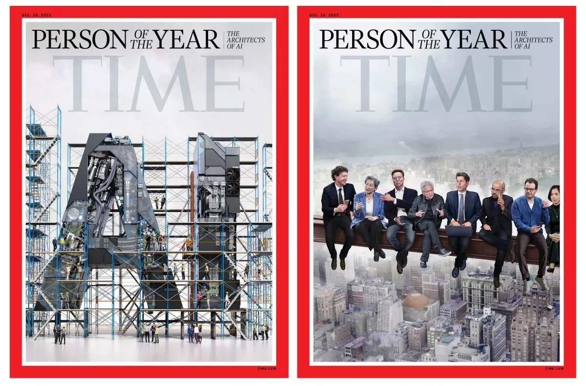 Estas imágenes de portada de la revista cortesía de TIME/TIME Persona del Año obtenidas el 11 de diciembre de 2025 muestran dos portadas de la revista TIME anunciando "Arquitectos de IA" como la Persona del Año TIME 2025, con una ilustración de Peter Crowther para TIME (imagen izquierda) y una pintura de Jason Seiler para TIME (imagen derecha).