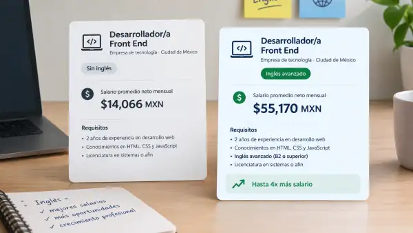 Dos ofertas de empleo para desarrollador Front End comparan salarios mensuales de 14,066 y 55,170 pesos según el nivel de inglés requerido.