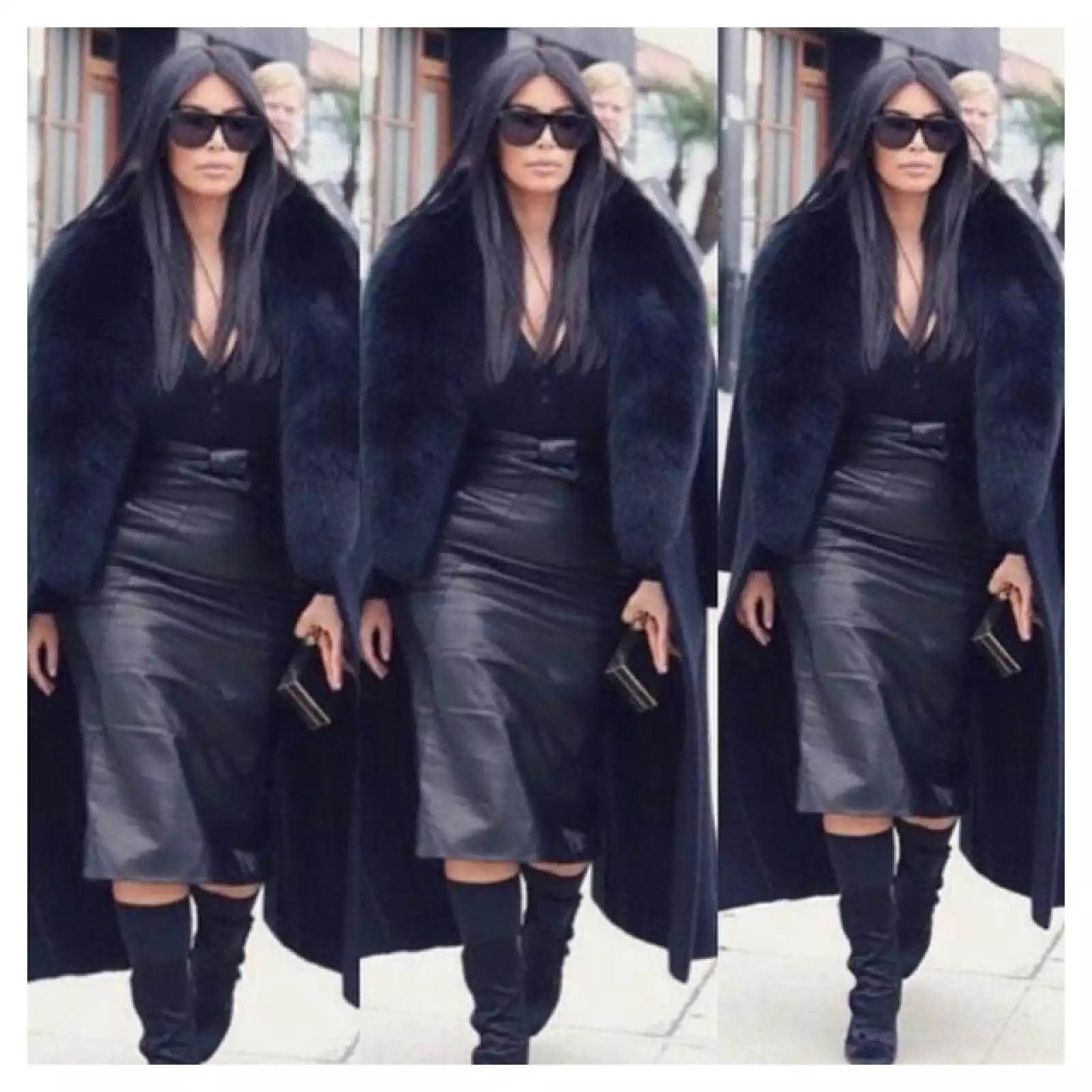 Kim y su look total black con un abrigo de Céline con un agregado en piel, bodysuit Alaia vintage, falda Balmain y botas Guiseppe Zanotti.