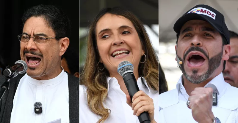 Esta combinación de imágenes creadas el 14 de mayo de 2026, muestra al candidato presidencial colombiano del partido gobernante Pacto Histórico, Iván Cepeda, pronunciando un discurso durante un mitin del Primero de Mayo conmemorando el Día Internacional de los Trabajadores en Bogotá el 1 de mayo de 2026; la candidata presidencial de Colombia Paloma Valencia, del partido Centro Democrático, hablando durante un mitin de campaña en Rionegro, departamento de Antioquia, Colombia, el 13 de abril de 2026; y el candidato presidencial colombiano para el movimiento político Defensores de la Patria, Abelardo de la Espriella, gesticulando durante un mitin de campaña en Medellín, Colombia, el 28 de enero de 2026.
