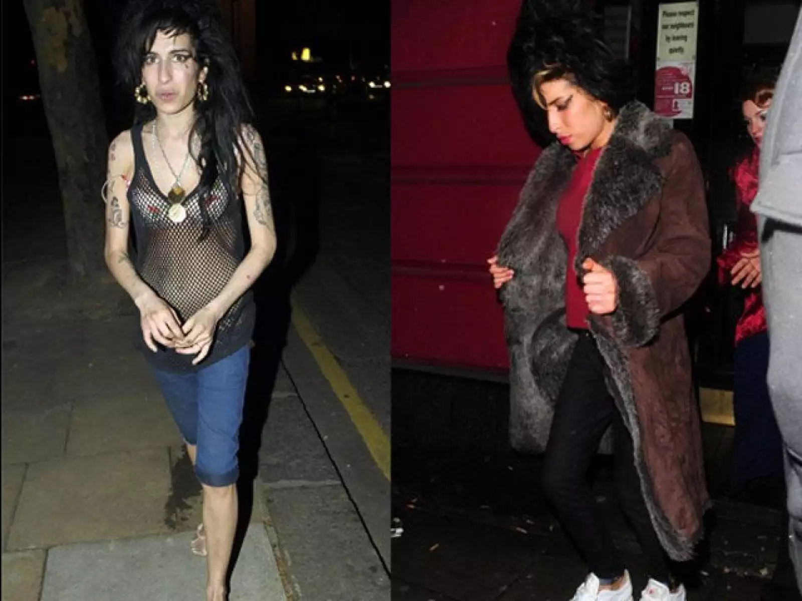 Además de su peinado, con una peluca tipo colmena, Amy Winehouse destaca por su despreocupada forma de vestir, el maquillaje en los ojos y su extraño comportamiento.