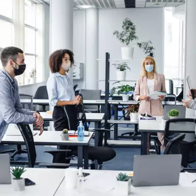 Compañeros de oficina tienen una junta mientras usan cubrebocas